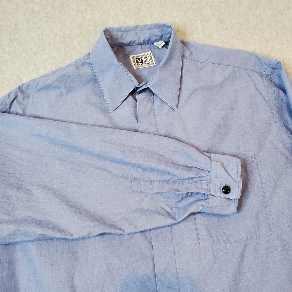 Versace V2 Dress Shirt Men's Large 16R Blue Long Sleeve Button Up Made In USA